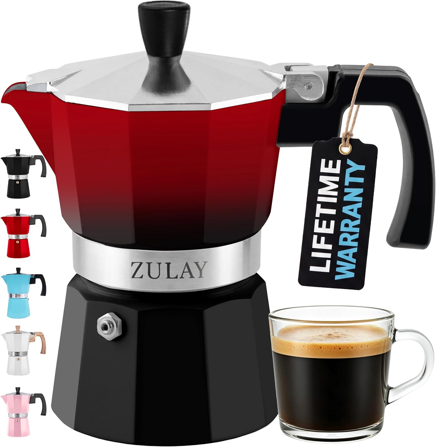 Zulay Kitchen Stovetop Espresso Maker - Moka Pot 3 Espresso Cups - Percolator Coffee Maker for Classic Cuban & Italian Style Espresso - Portable Coffee Maker for Camping & Travel - (Red/Black)