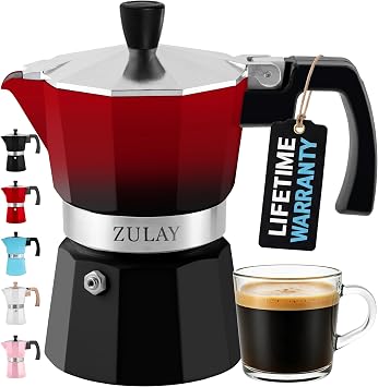 Zulay Kitchen Stovetop Espresso Maker - Moka Pot 3 Espresso Cups - Percolator Coffee Maker for Classic Cuban & Italian Style Espresso - Portable Coffee Maker for Camping & Travel - Red/Black