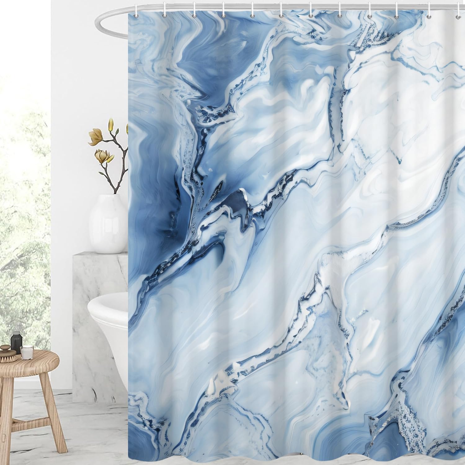 GCIREC Shower Curtain, 180x200cm, Blue Texture Ink Marble Modern Art Waterproof Fabric Machine Washable Bathroom Curtain with Hooks