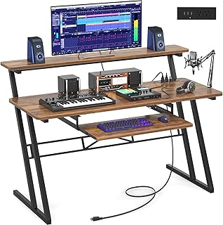 Music Studio Desk Production Workstation - 47" Recording Studio Desks for Producer with Power Outlet, Studio Workstation for Music Recording, Home Studio Table Desk, Rustic Brown