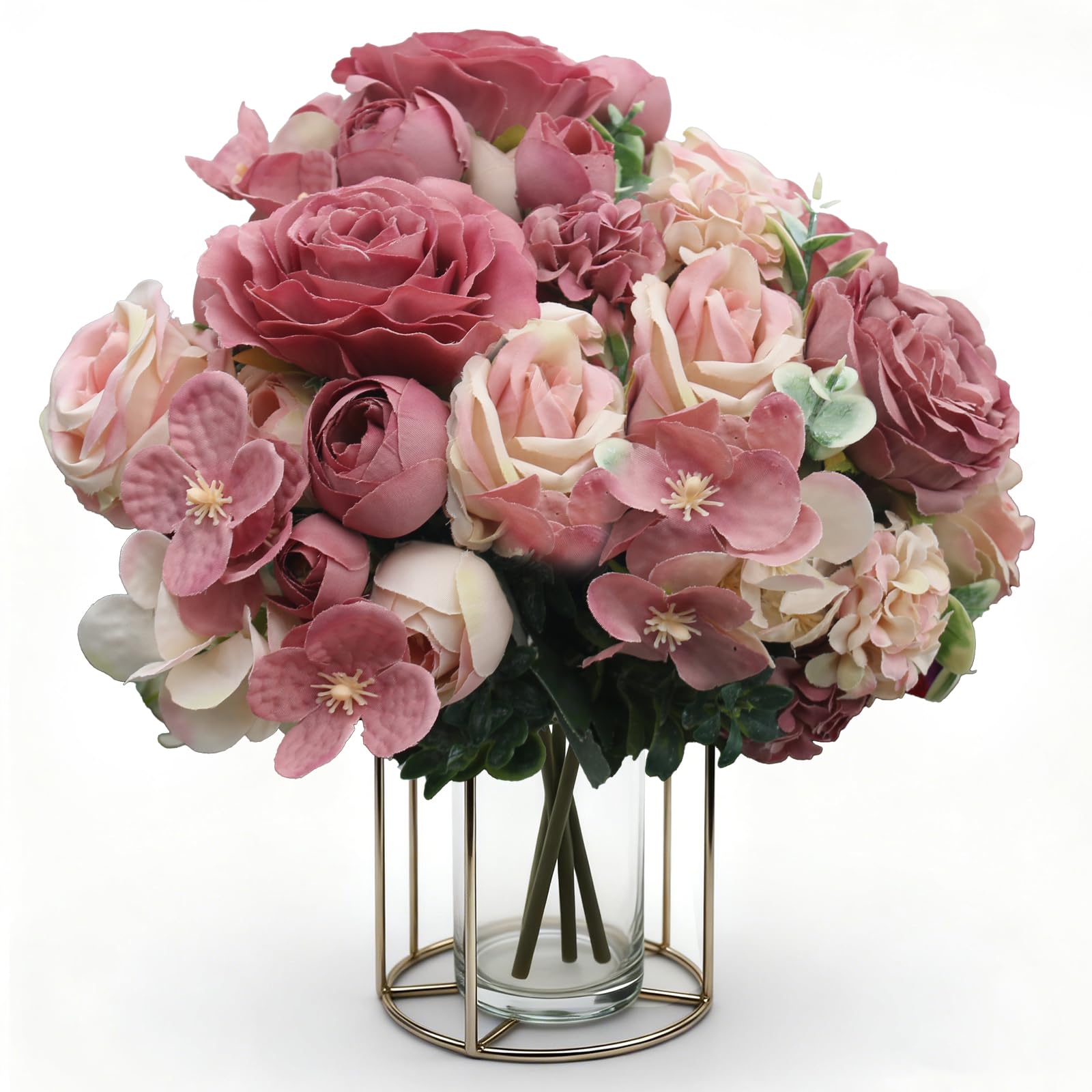 BOVUN Pink Artificial Peony & Rose Bouquet, 3 Bunches Faux Silk Flowers with Hydrangea for Home, Wedding and Event Decoration (Dusty Rose)