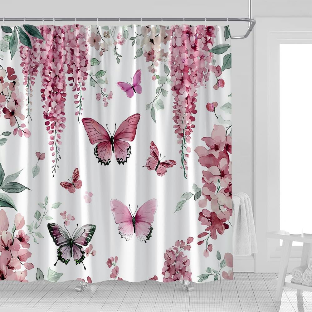 Red Floral Butterfly Shower Curtain Wisteria Flowers Green Leaves Farmhouse Spring Nature Plant Rustic Wildflower Watercolor Garden Scenery Fabric Bathroom Decor Curtains with Hooks,70 x 80