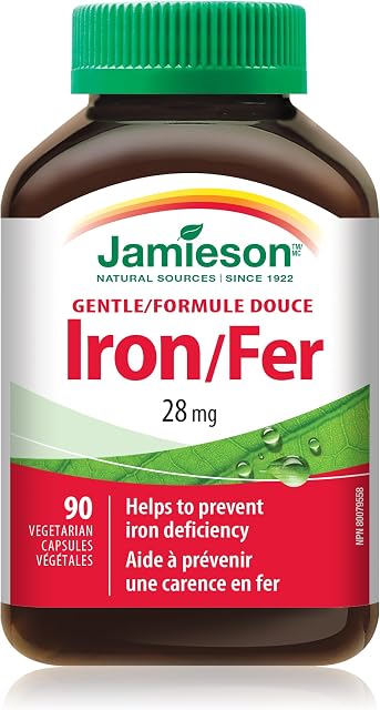 Jamieson Fer 28 mg, avec acide folique, vitamine B2, Vitamine B12, et la vitamine C, aide à prévenir les carences en fer, fournit une absorption supérieure, et doux sur l'estomac. 90 Gélules végétariennes