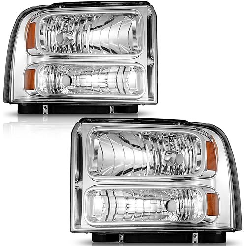 Headlights Assembly Compatible with 2005-2007 F250 F350 F450 F550 Super Duty, For 05 06 07 F250 Headlamp Replacement Headlight Assemblies Chrome Housing Amber Reflector Left+Right Pair Set