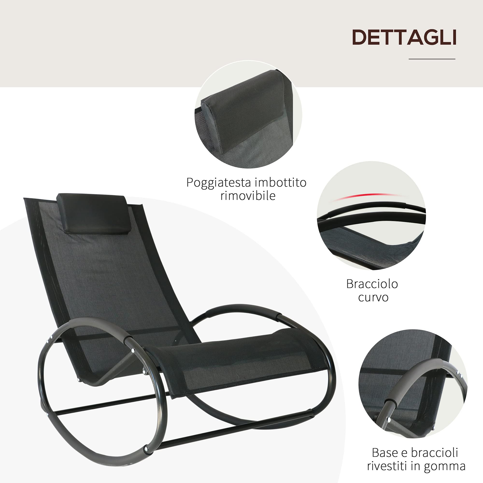 Outsunny Sdraio da Giardino Zero Gravity, Sedia a Dondolo Ergonomica con Cuscino e Tessuto Traspirante per Interno ed Esterno, Nera, 105x62x88 cm