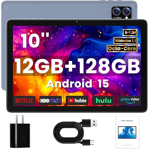Android Tablet 10 Inch, Android 15 Tablets 2025 for Adults, Octa-Core, 12GB RAM,128GB Storage(2TB Expandable), Large Touch Screen Tablet with 10H Battery Life,WiFi & Bluetooth 5.0,Gray Blue