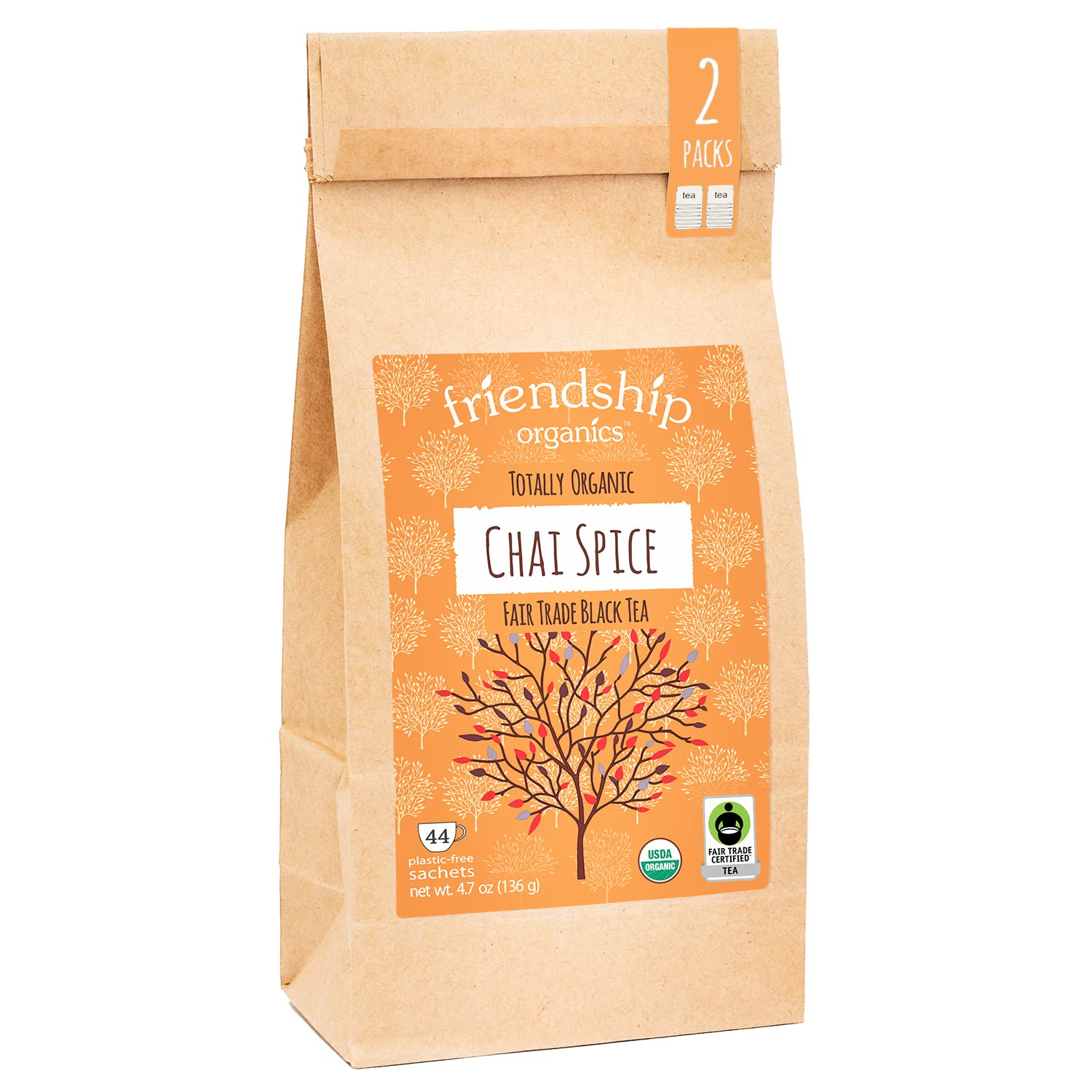 Friendship Organics Chai Spice Tea Bags, Organic and Fair Trade Black Tea 44 Count