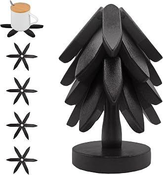 Wooden Trivets for Hot Dishes, Stackable Christmas Tree Trivet Set | Includes 4 Trivets + 1 Stand, Tree-Shaped Design Adds Decorative Charm, Heat Resistant for Pans, Pots, Bowls & Teapots
