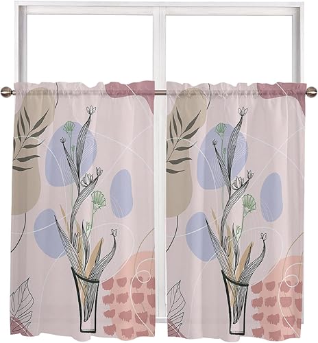 Middle Century Curtains 54 Inch Length 2 Panels for Bathroom Sheer Curtains Privacy Window Treatment Yellow Boho Modern Geometric Abstract Botanical