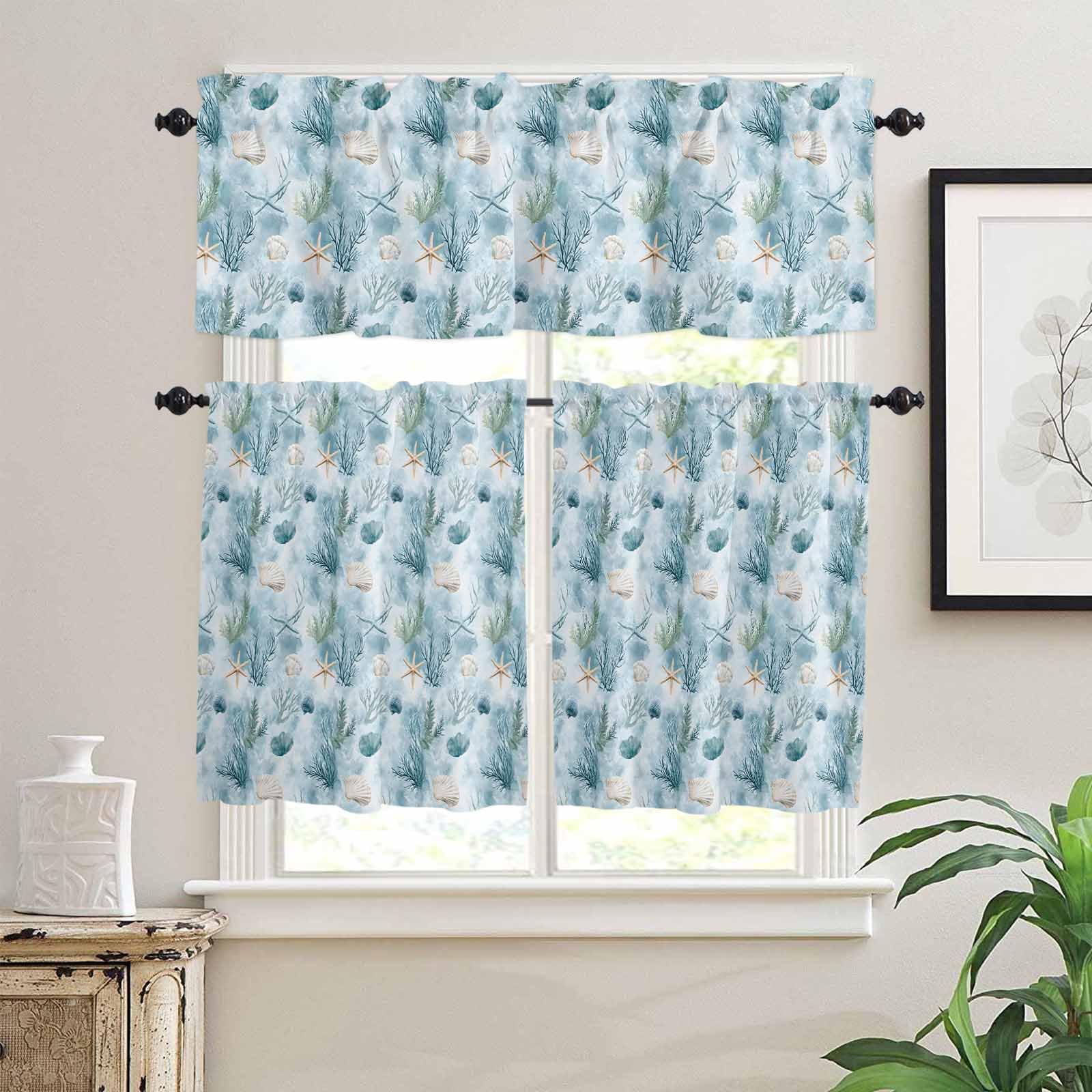 Summer Seagrass Kitchen Curtains 24 Inch Length, 3 Piece Rod Pocket Small Half Tiers and Valance Set, Blue Starfish Conch Shell Small Large Window Treatment Decor for Bedroom/Bathroom Sink