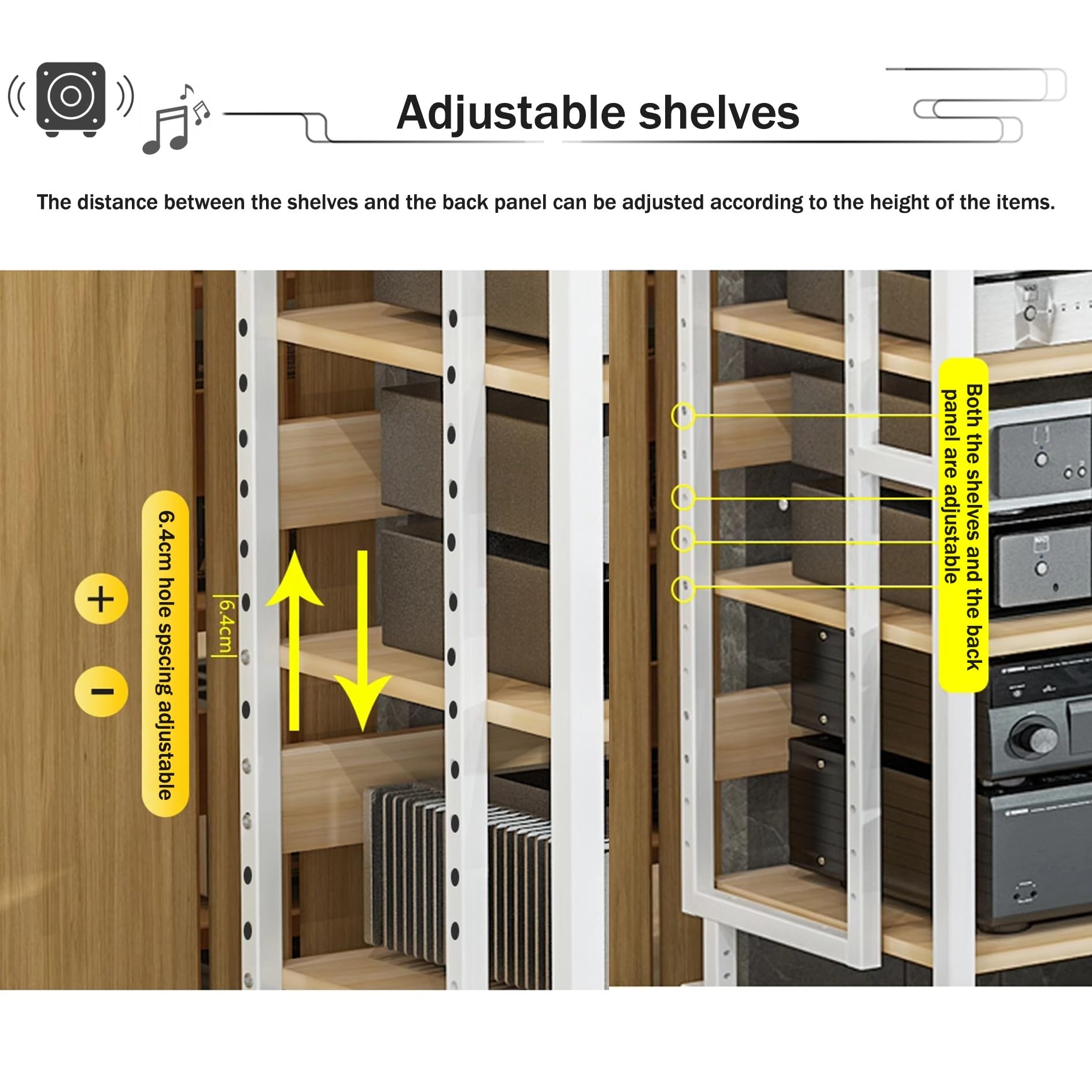 Multimedialny stojak Av 4/5-poziomowy drewniany gramofon stojak stereo konsola audio-wideo do przechowywania płyt CD/DVD centrum rozrywki dla domu i biura, bianco-50 x 42,5 x 110 cm