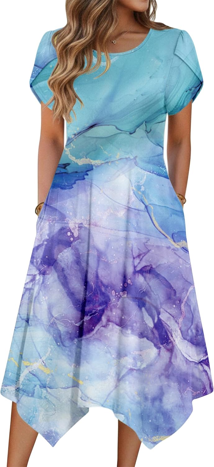 Zeagoo Womens Casual Dress for Summer Short Sleeve Loose Flowy Beach Dress with Pockets Hankerchief Flare Midi Sundress 2026