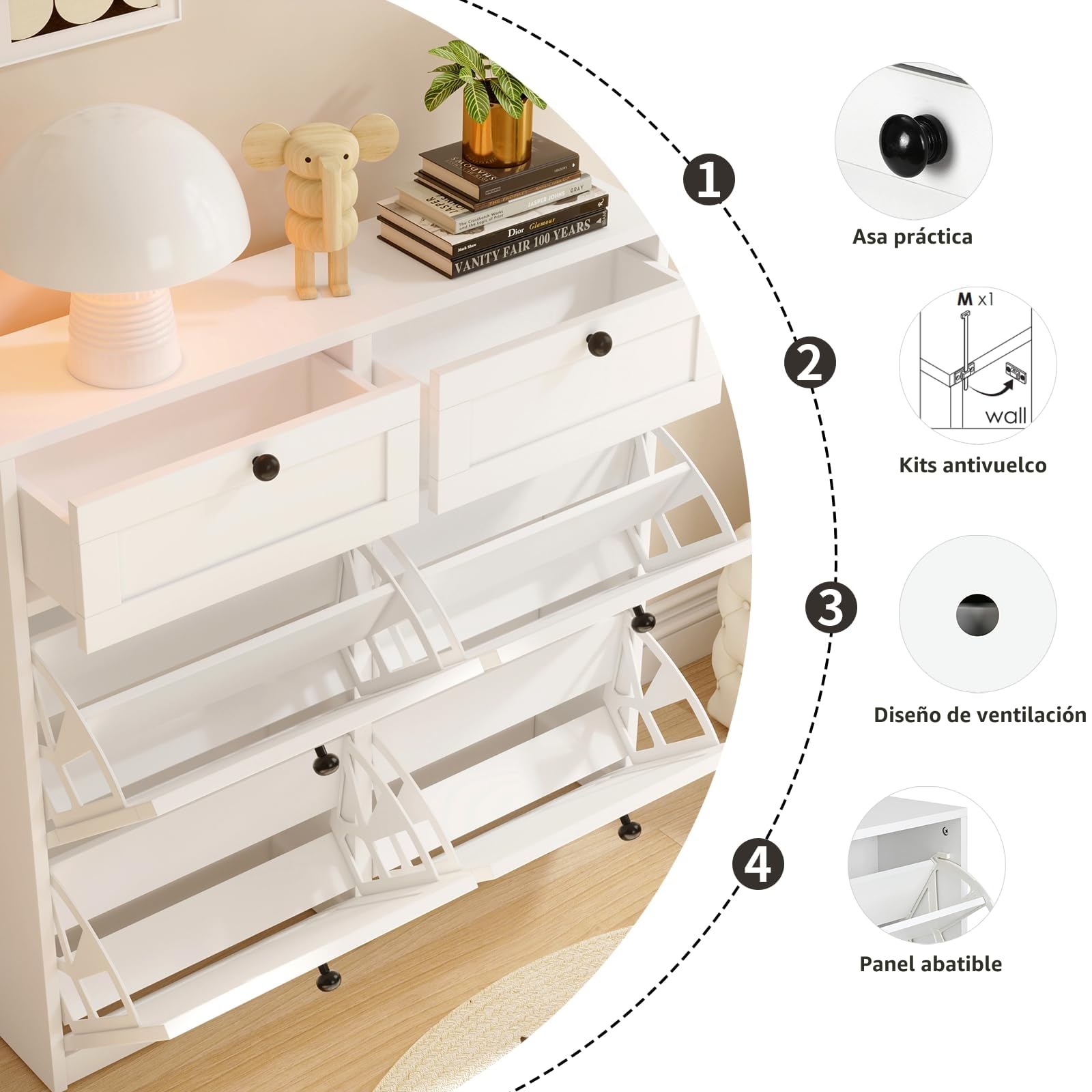 VOWNER Zapatero Estrecho, Zapatero 4 Puertas, Entrada Recibidor, 105 x 24 x 100 cm (Largo x Ancho x Alto), Blanco, para Entrada Estrecha, Pasillo