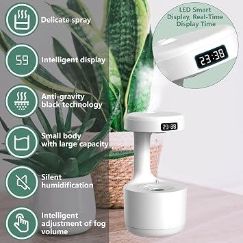 Anti Gravity Water Drop Humidifier: Upgrade Ultrasonic Anti Gravity Humidifier with LED Clock Display, Cool Mist Air Humidifier with Night Light for Home Bedroom Office (Green)