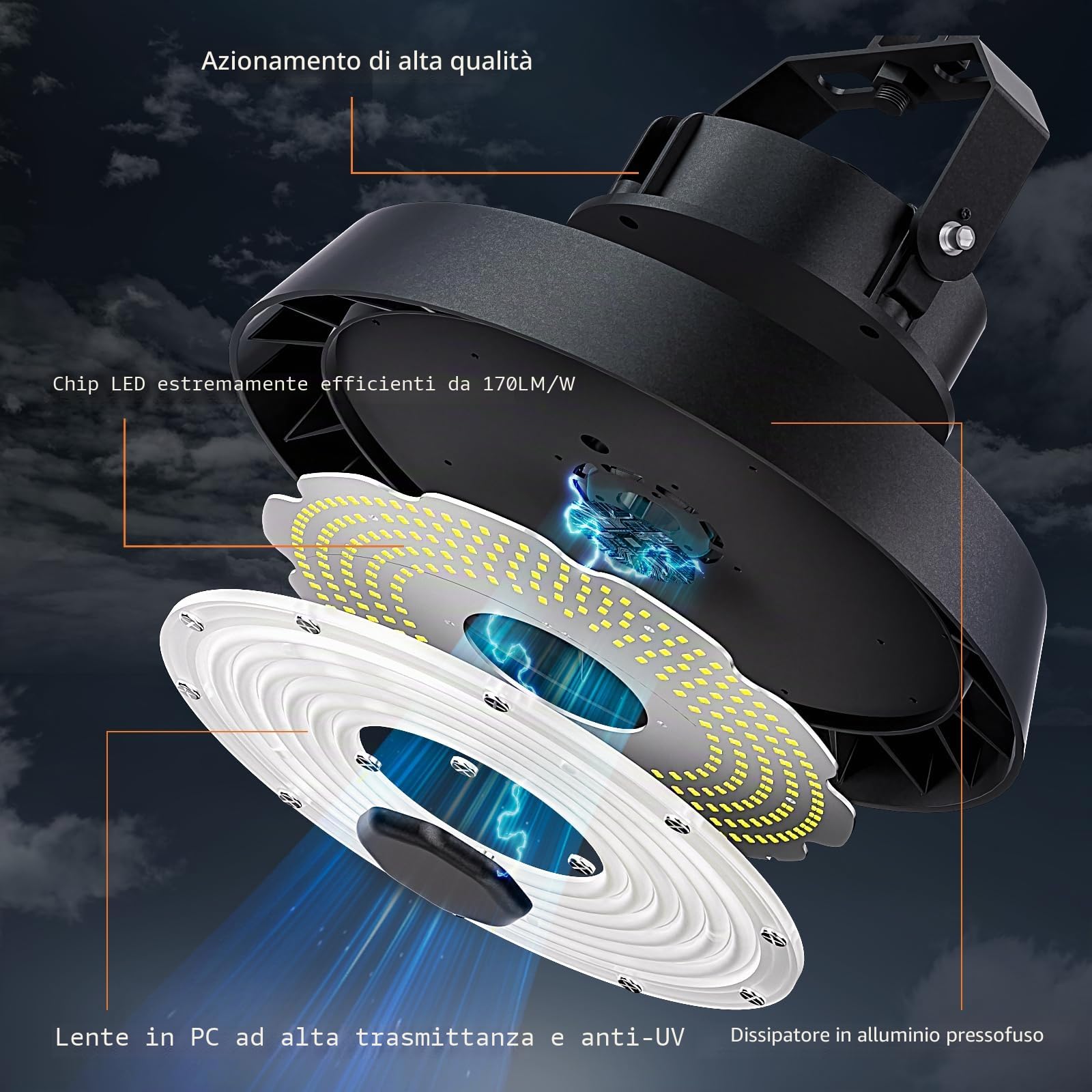Faretto LED UFO 200W 34000lm, Lampada Officina LED 5000K Bianco Freddo, 90° Angolo del Fascio Lampada Garage, Highbay light Impermeabile IP65 per Magazzino/Campi Sportivi/Cantina/Palestra