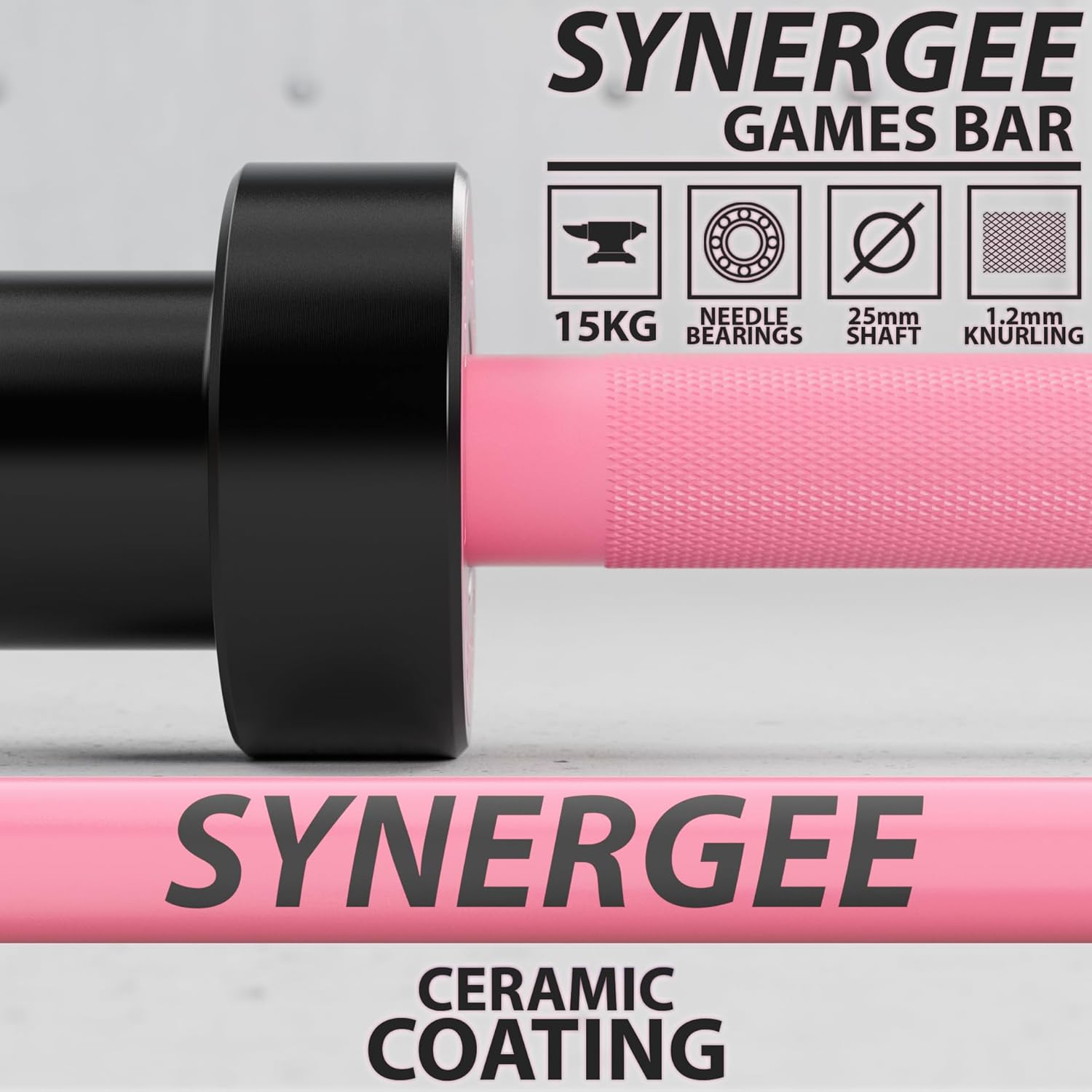 Synergee Games 15kg and 20kg Colored Ceramic Coated Barbells. Rated 1500lbs for Weightlifting and Powerlifting. Black, Red, Grey, Pink