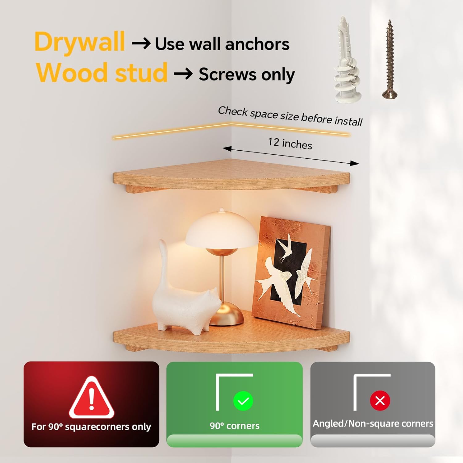 Floating Corner Shelves Oak 12", Solid Oak Wall Mounted Wooden Display Storage Rack with Wire Hole for Plants, Photos, Speakers, Bedroom, Kitchen, Living Room Décor - 2-Pack