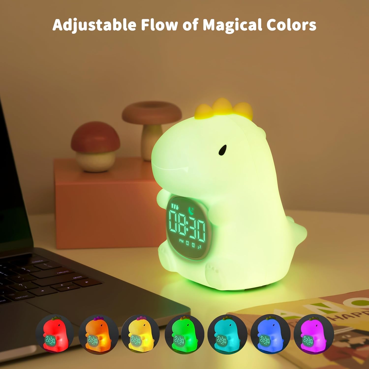 Dinosaur Alarm Clock with Night Light for Kids, Sleep Training and Sound Machine, Rechargeable Silicone Lamp Wake Up Clock, Cute Animal Tabletop Lamp, Alarm Clocks for bedrooms (Dinosaur)