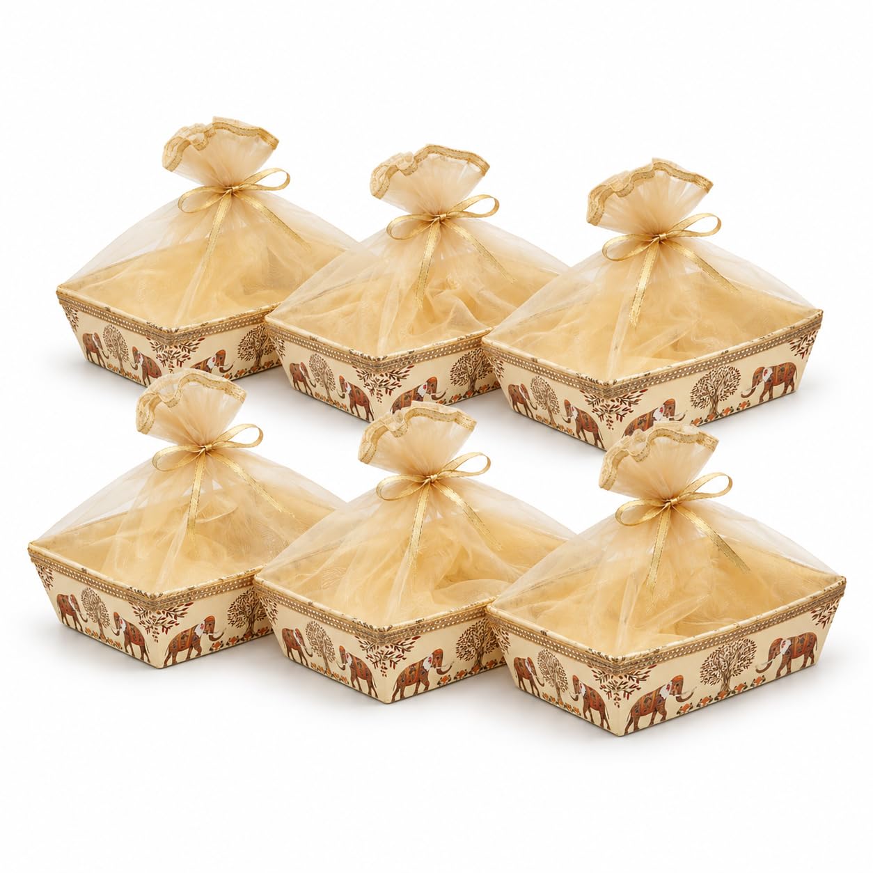 Wedding Return Gift Basket Set of 6 with Net Cover, Golden, Rectangle