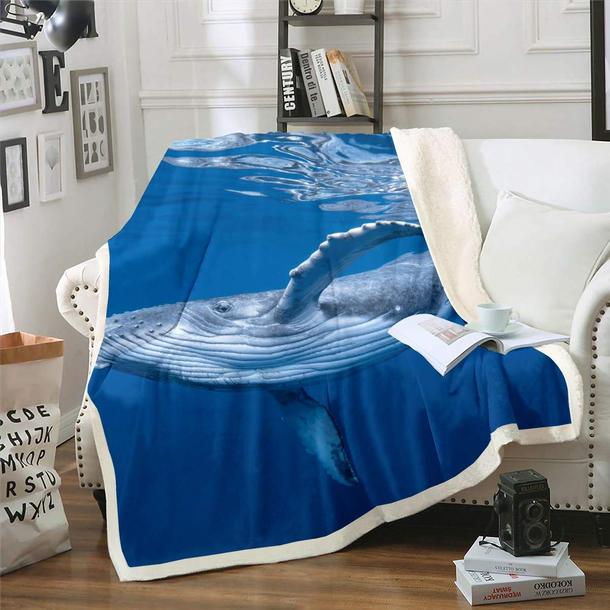 Loussiesd 3D Whale Blanket for Kdis Boys Teens Marine Ocean Theme Blankets and Throws Underwater Animal Fleece Blankets Sealife Sherpa Blanket,Plush Blankets Double 60"x79",Blue