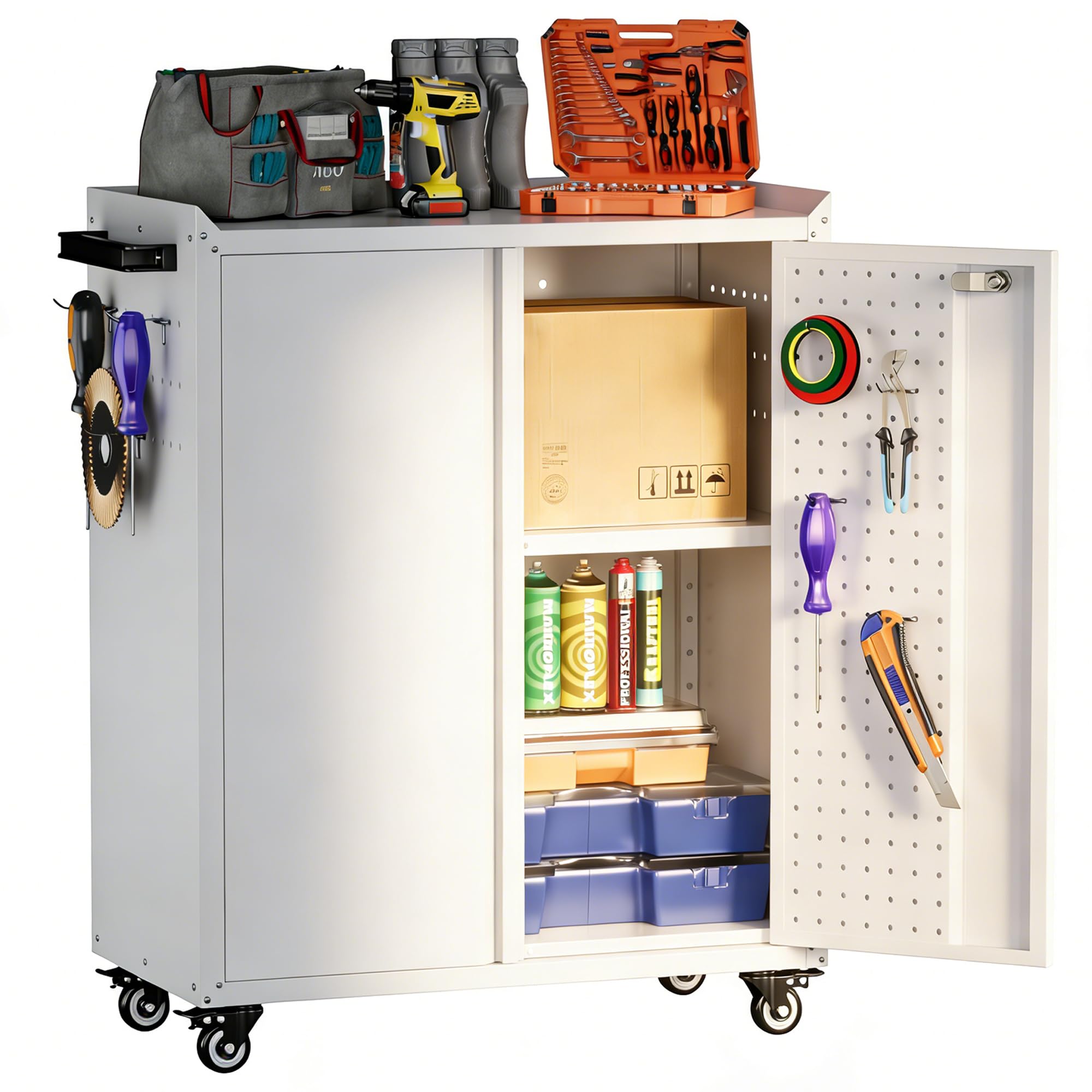 Aobabo Metal Garage Storage Cabinet on Wheels,2 Doors Storage Cabinet with Wheels for Garage,Assembly Required,White