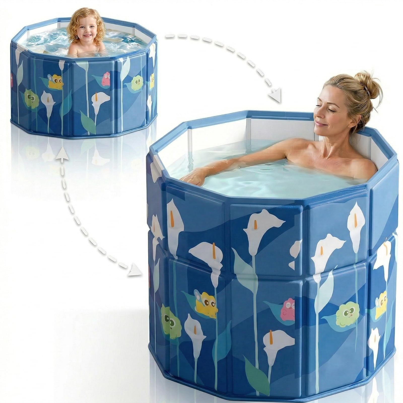 Foldable Edge Portable Bathtub, Collapsible Cold Plunge Tub for Recovery, 2-in-1 Ice Bath & Hot SPA, Easy Step-in for Senior/Child/Pet Wash, Adjust Edge Versatile Tub Fits in Shower (Blue, 70x65 CM)