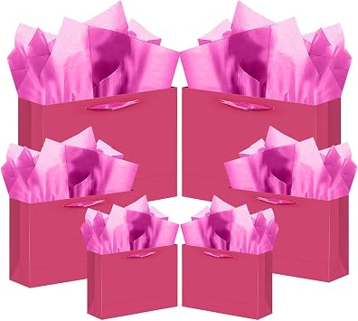 qiqee 24PCS Bright Pink Gift Bags with Tissue Paper