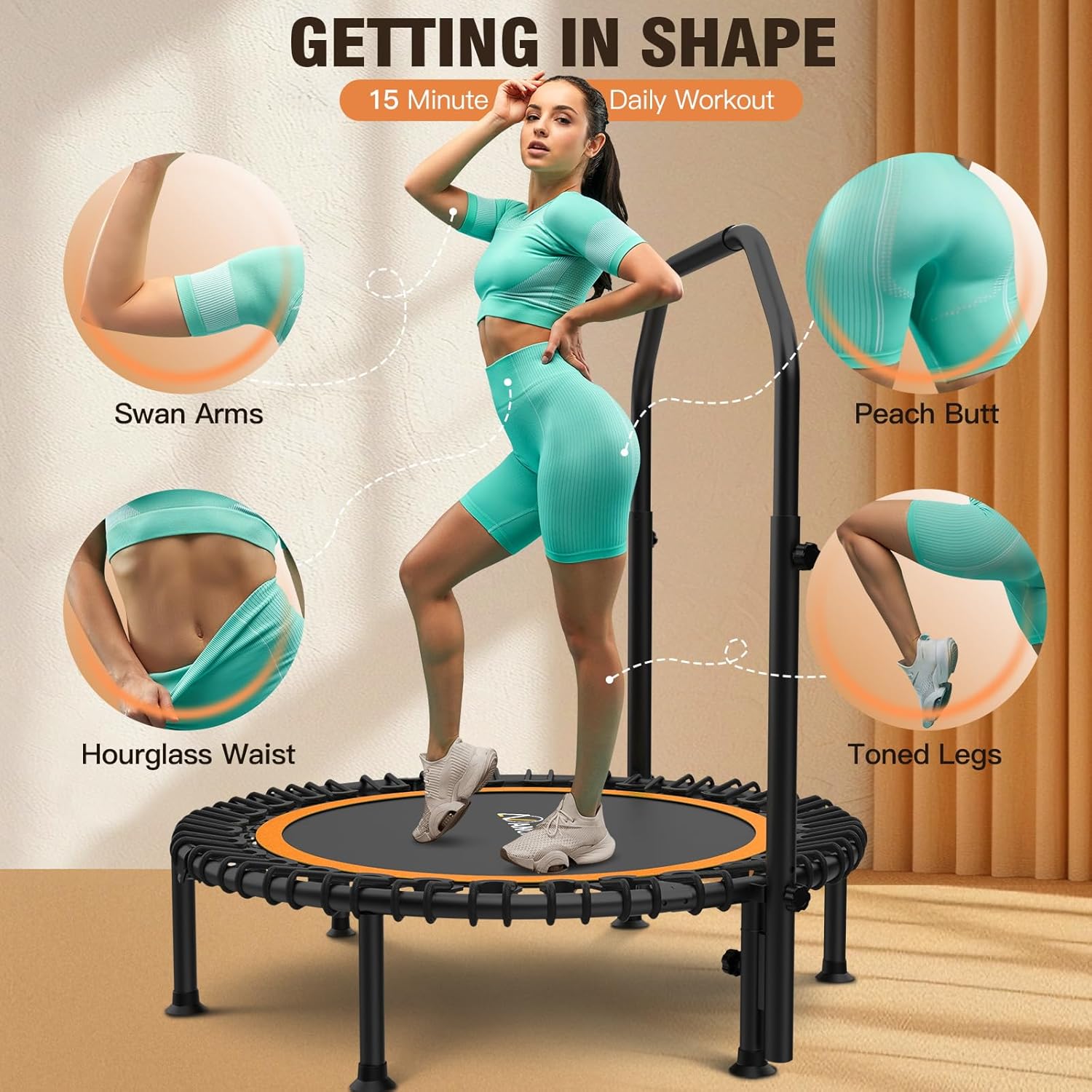 ANCHEER 40"/48" Foldable Mini Trampoline,Max Load 450lbs/550lbs Indoor Trampoline,with 4 Level Adjustable Foam Handle and Resistance Bands,Adult Exercise Trampoline for Home, Garden, and Gym