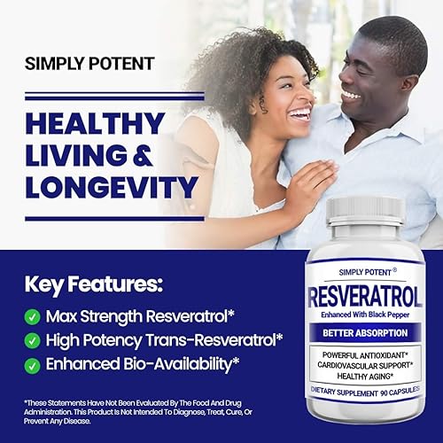 Miniatura 6 de Suplemento de resveratrol de 1000 mg, resveratrol trans de 500 mg, resveratrol mejorado con pimienta negra para una máxima absorción, potentes
