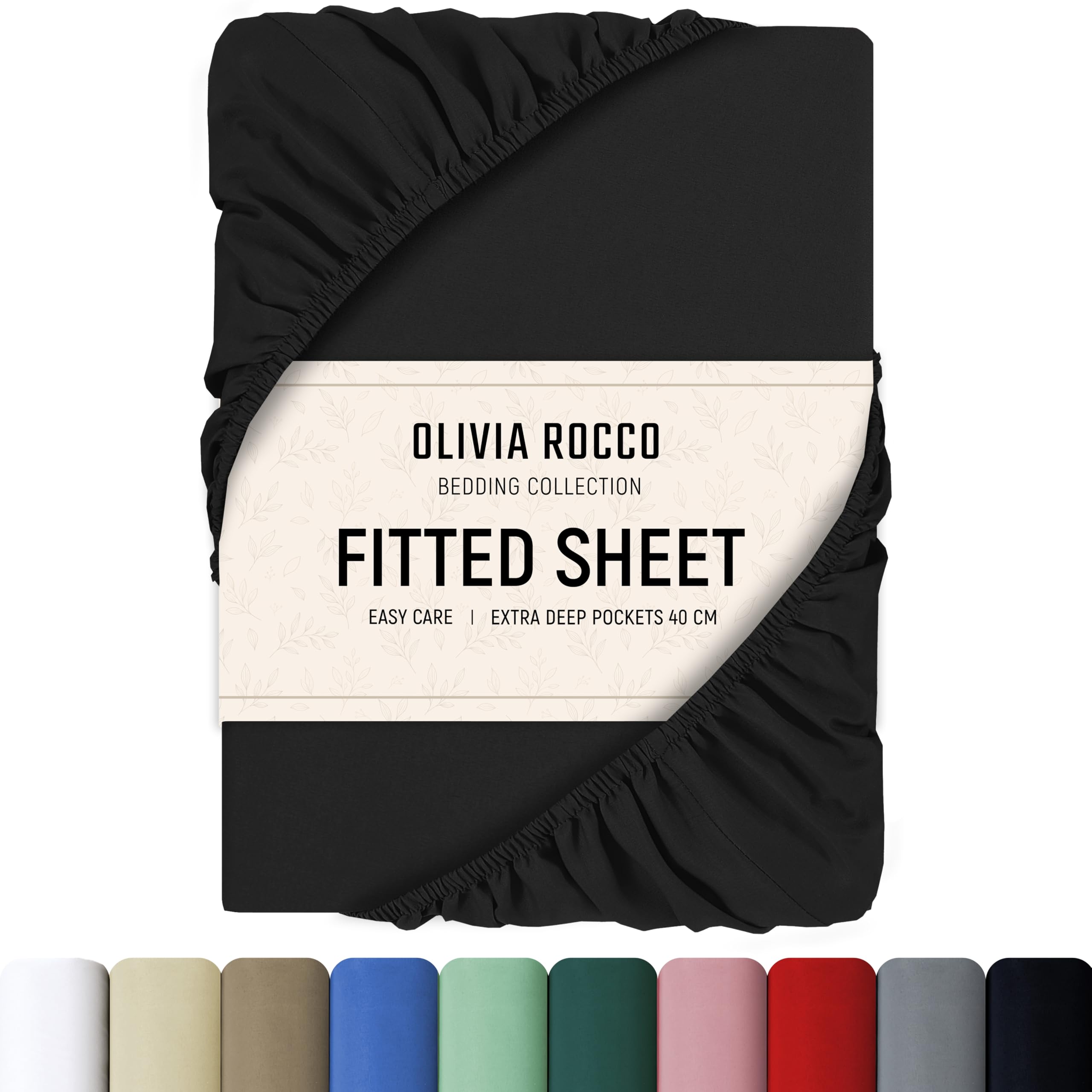 Olivia Rocco Fitted Sheet Extra Deep Pocket 16 inch (40 cm) Soft Brushed Microfibre Fabric Shrink & Fade Resistant Easy Care Bottom Sheets, Double Black