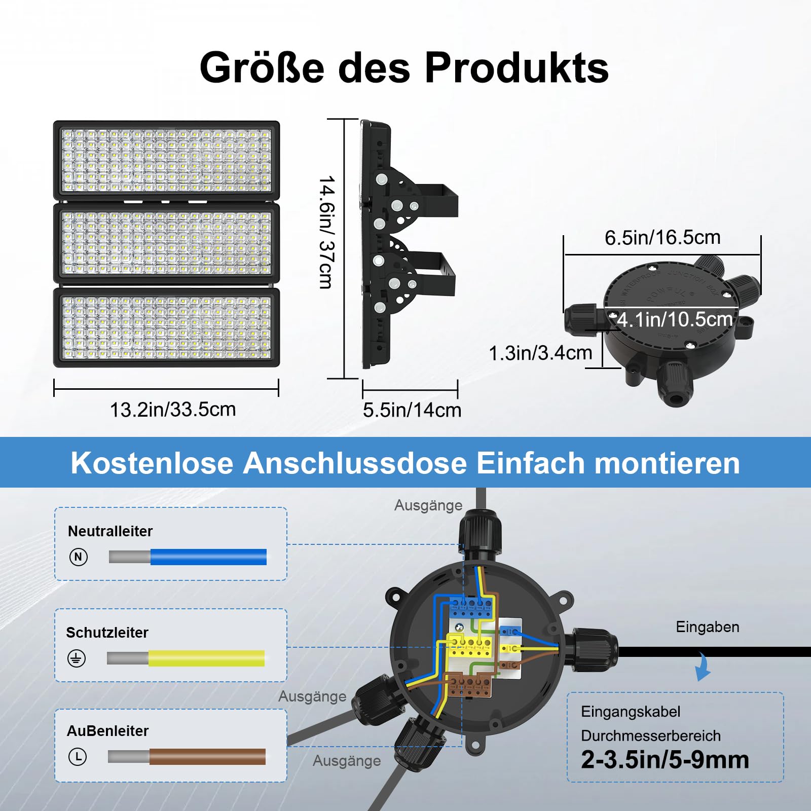 300W LED Strahler Außen mit Verteilerdose, 42000LM Flutlicht Superhell LED Fluter, Kaltweiß 6500K 230V Scheinwerfer IP67 Wasserdicht Außenstrahler für Sportplatz Parkplatz Beleuchtung