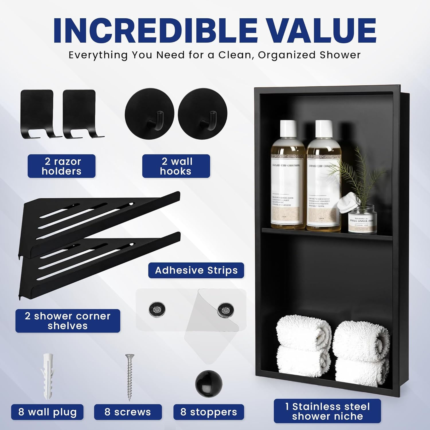 Stainless Steel Shower Niche 24"x12" Matte Black No Tile Needed Recessed Wall Niche for Bathroom Storage - Includes Corner Shelves Razor Holders and Wall Hooks