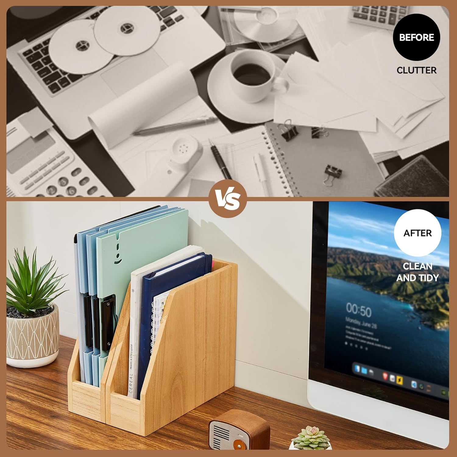 KIRIGEN Wood File Folder Holder Desktop Document Rack Organizer Desk Paper Holder Storage Sorter 2 Packs 2TWJJ-NA