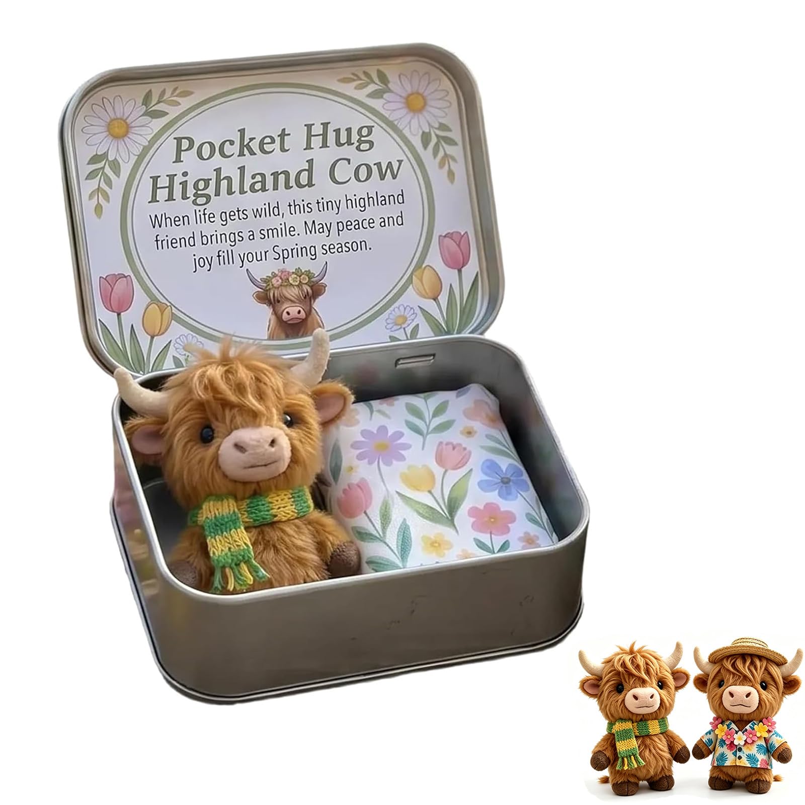 Pocket Hug Highland Cow Gift Set – Mini Highland Cow Plush with Tin Box & Message Card, Emotional Support Anxiety Relief Gift, Cute Encouragement Present for Women, Friends (#A)