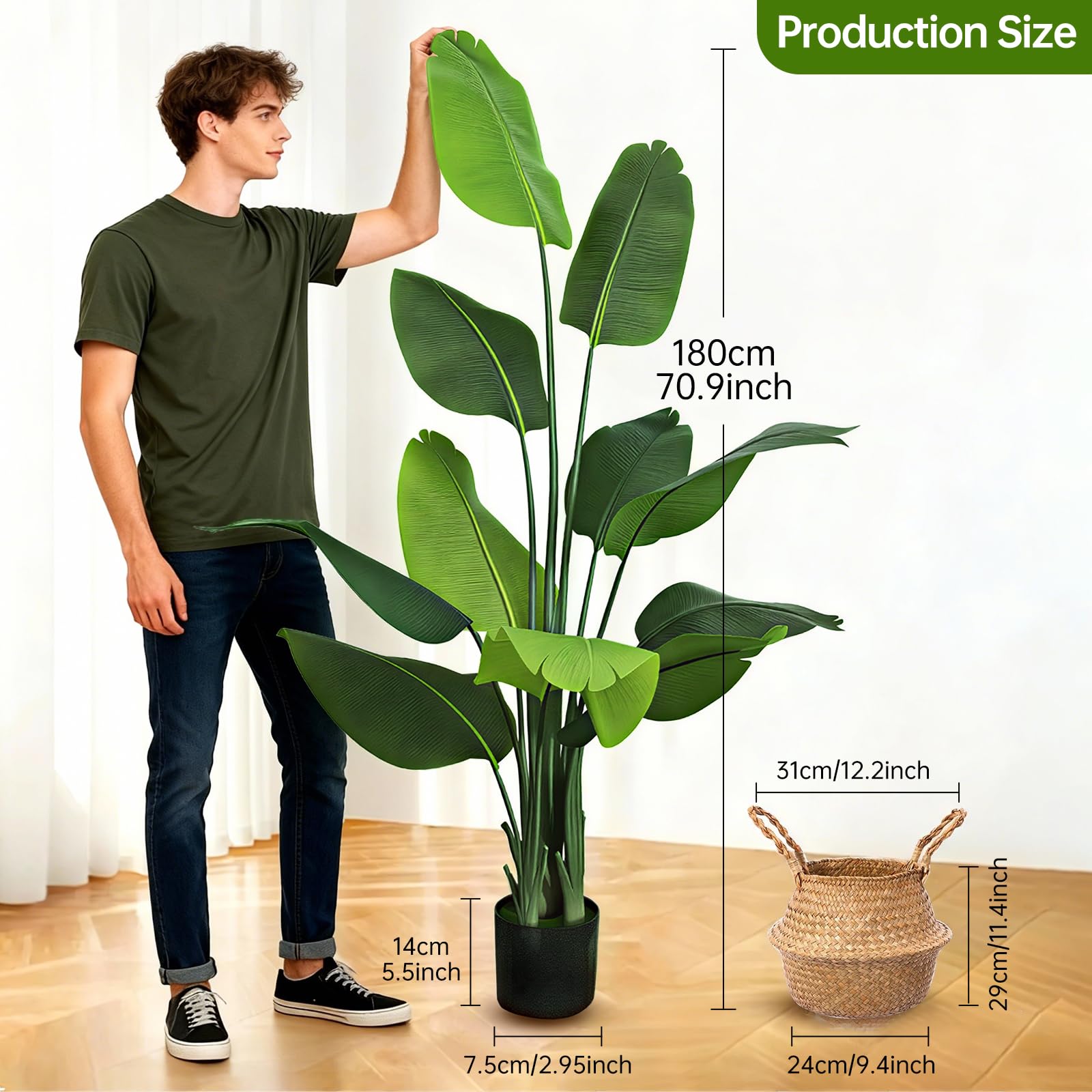 Plante Artificielle Oiseau de Paradis 170 cm, Palmier Tropical Artificiel avec 11 Feuilles, Plantes artificielles en Pot pour l'intérieur et l'extérieur, Maison, Salon, Bureau, Jardin