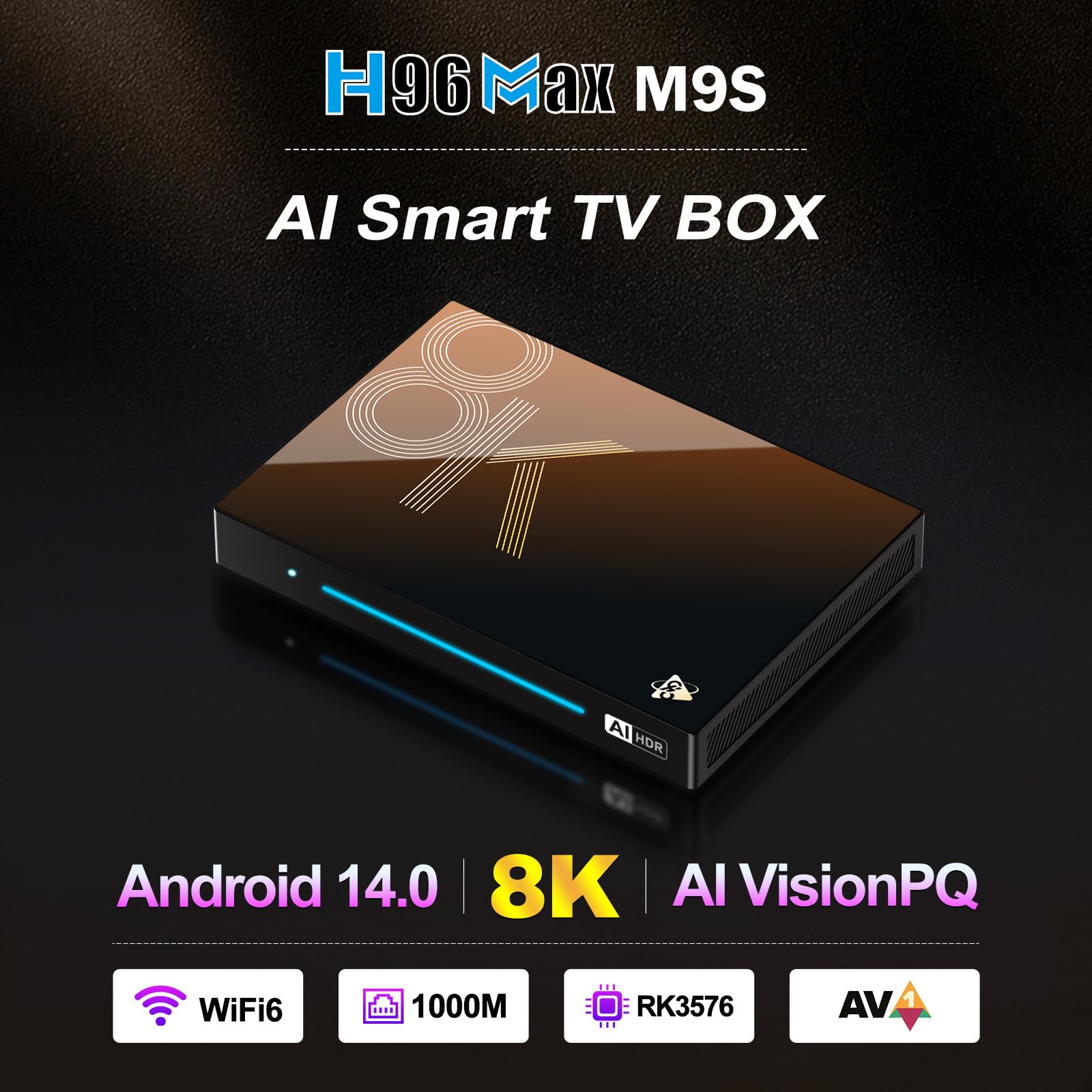 Boîtier TV Android 14.0, H96 Max M9S 8 Go De RAM 128 Go De ROM RK3576 avec Double WiFi 2,4 G/5,8 G, BT 5.0+ Quad-Core 64 Bits 4K/8K UHD H.265 Ethernet LAN 3D Set Top TV Box,8gb+128gb