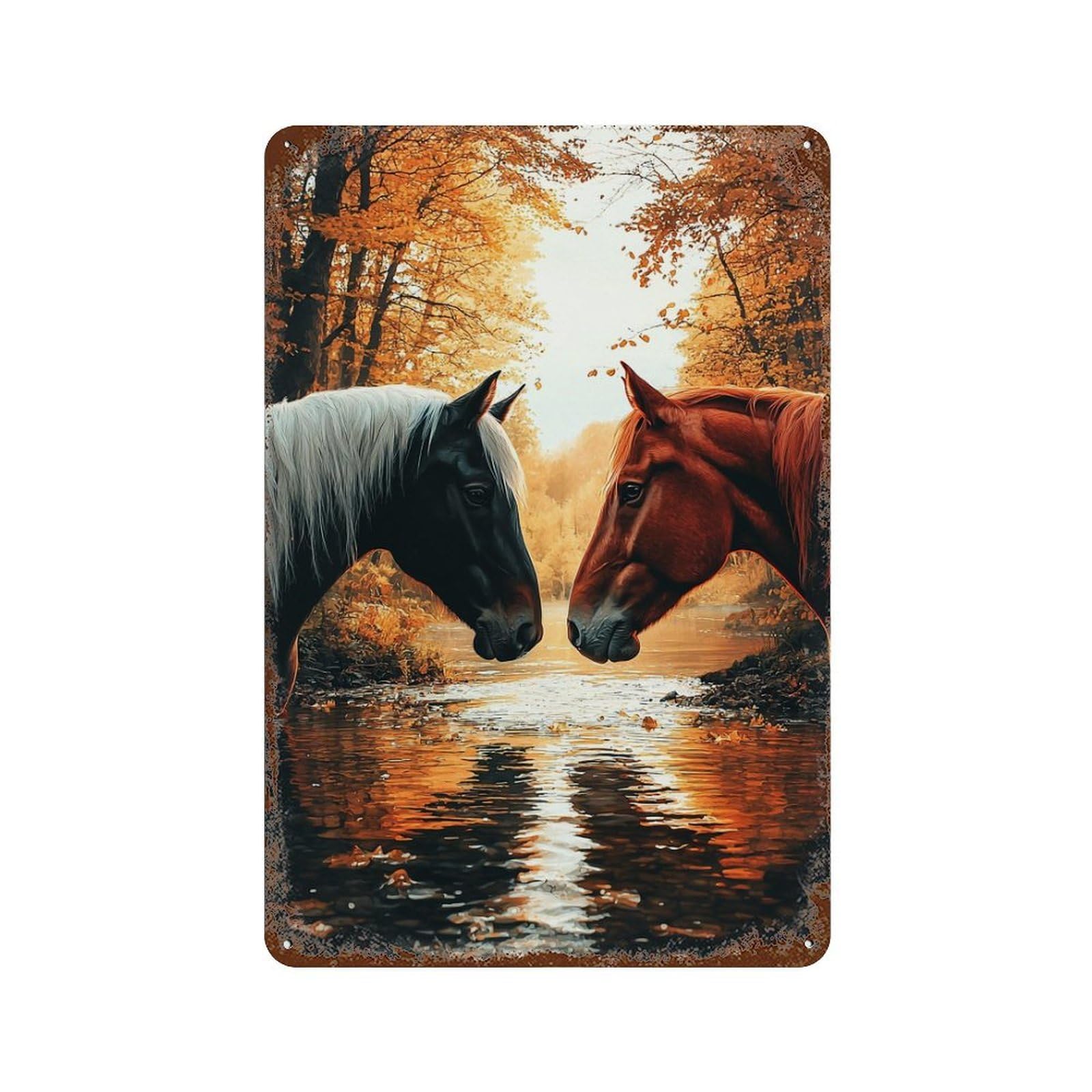 Autumn Horse Reflections Distressed Metal Wall Sign 11.8"x7.9", Rustic Home Decor for Living Room, Hallway And Home Decor