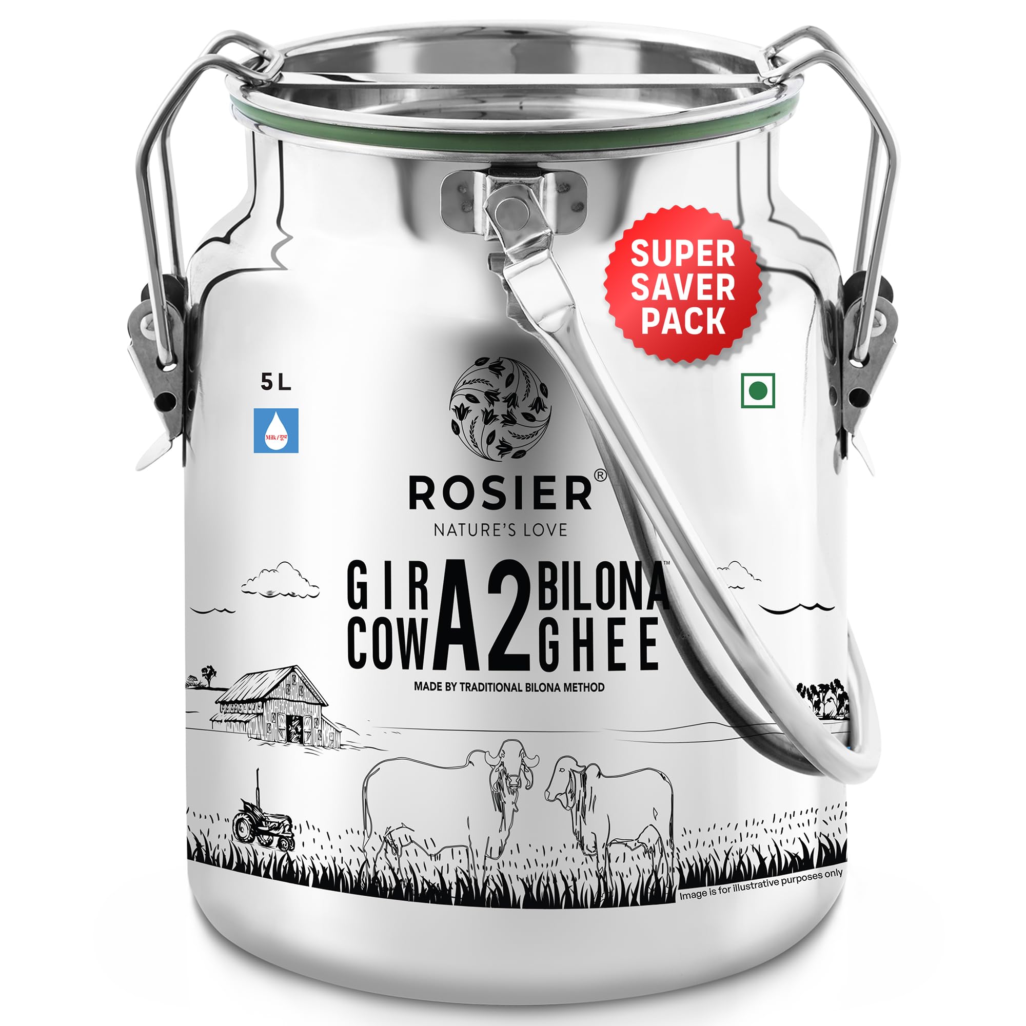 ROSIER A2 Gir Cow Ghee (5LTR) with Stainless Steel Dolchi | Traditional Bilona Method | Curd- Churned | Cultured |Pure Natural and Healthy Lab Tested Ghee