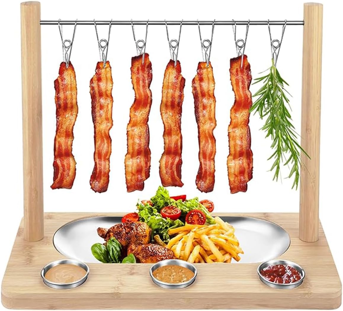 Triceratops Bacon Display Rack, Wood Bacon Serving Dishes, Bacon Hanger Charcuterie Cheese Board with Stainless Steel Serving Platter Tray
