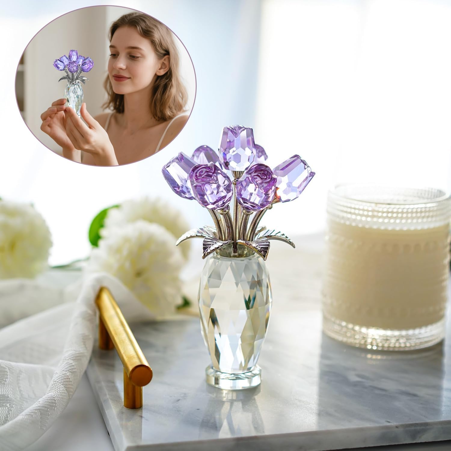 H&D HYALINE & DORA Crystal Rose Purple Flower Figurine,Rose Gifts for Mom Wife Grandma,Glass Flower Collectible Ornament Mother's Day Thanksgiving Anniversary Birthday Gifts - Image 3