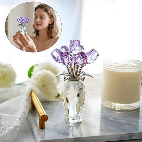 Miniatura 6 de H&D HYALINE & DORA Figura de flores moradas de cristal, regalos de rosas para mamá, esposa, abuela, adorno coleccionable de flores de cristal, Día