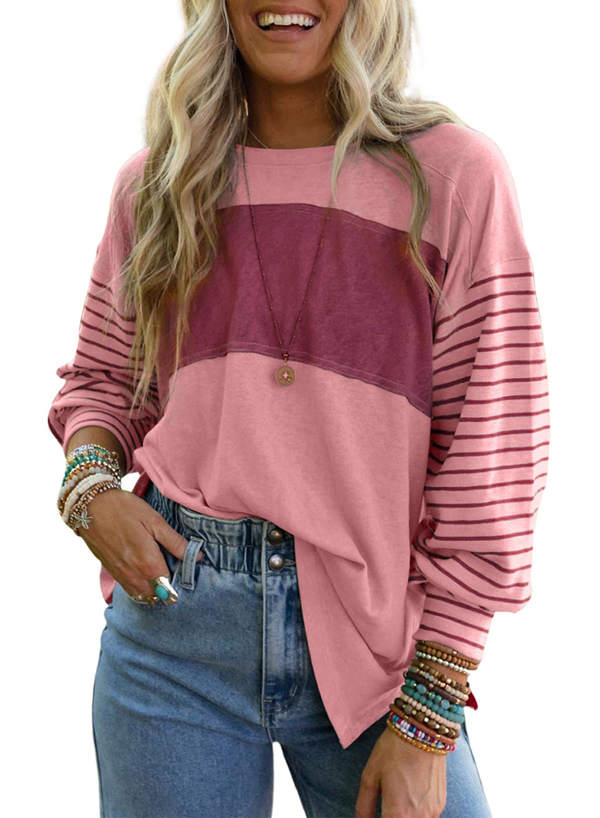 onlypuff Womens Long Sleeve Shirts Fall Tops Color Block Striped T Shirts Tunic Tops Oversized Crew Neck Tees