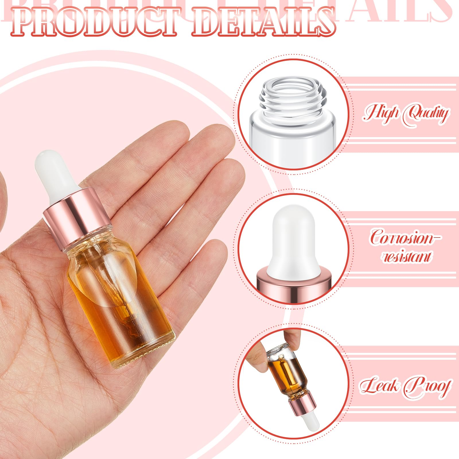 Didaey Mini botella cuentagotas de aceite de vidrio a granel, botellas pequeñas vacías transparentes esenciales para muestras, frascos de líquido de perfume con tapa para viajar, Oro rosa, 10 ml