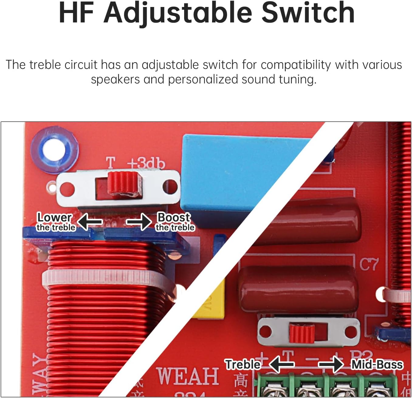 2pcs 3 Way Crossover for Speaker, 400W Adjustable 4-8 Ohm 3 Way One High & Two Low Frequency Divider, HiFi Speaker Crossover