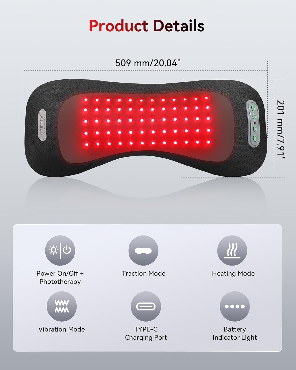 4-in-1 Lumbar Support Pillow Cordless Rechargeable 5000mAh with Red Light Therapy, Electric Lower Back Massager w/Vibration, Airbag Traction & Heating for Pain Relief Deep Tissue, Black