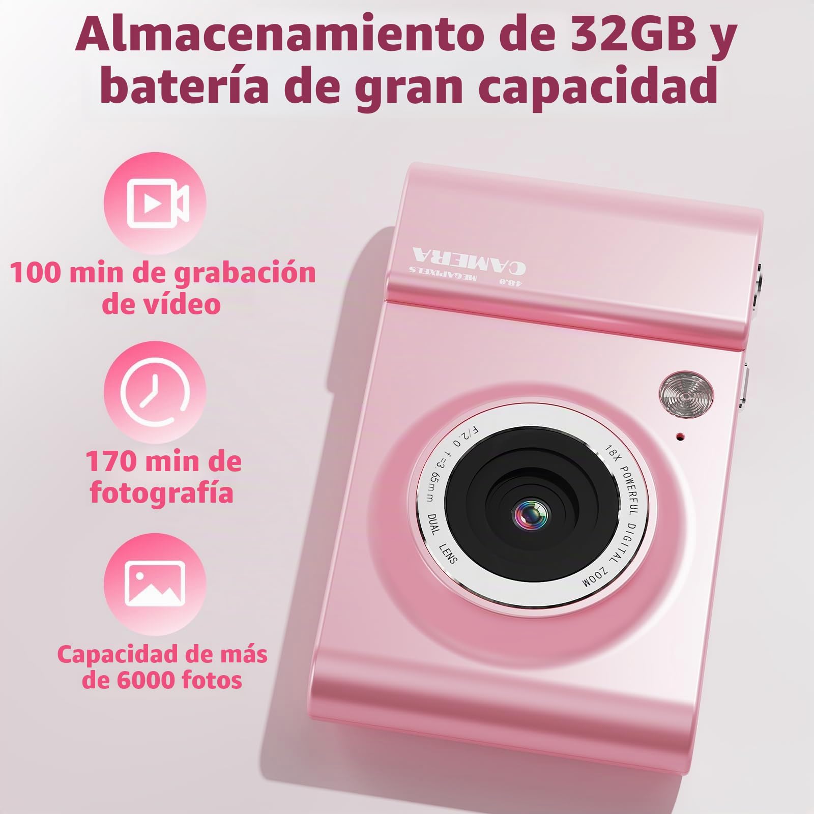 Cámara digital 4K 64MP FHD cámara fotográfica para niños, zoom digital de 18 x cámara compacta con pantalla de 2,4 pulgadas, antivibración, flash LED, tarjeta SD de 32 GB, cámara de fotos para niños