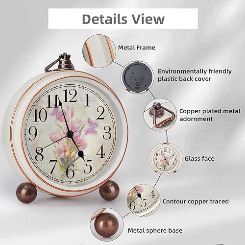 Miniatura 3 de Maxspace Reloj despertador vintage de 5.2 pulgadas, silencioso, sin tictac, con tulipanes, reloj analógico y funciona con pilas, con movimiento de