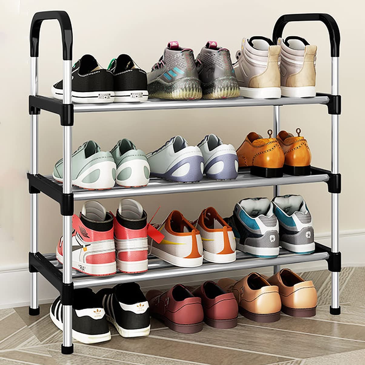wolpin Multi-Purpose 3 Shelves Shoe Rack Shelve Storage Rack Steel Dust-Proof for Footwear, Toys, Clothes Large (Silver)