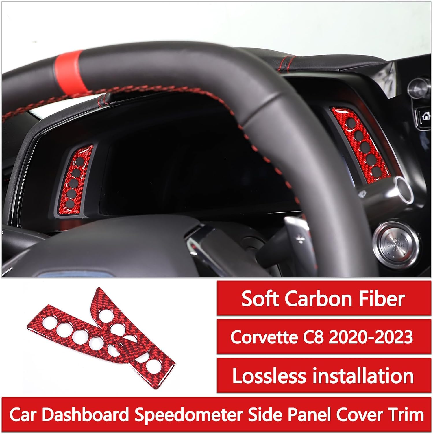 Sekhyna Dashboard Speedometer Trim Sticker Compatible with Corvette C8 Stingray 2020-2023 Soft Carbon Fiber 2PCS,Fault Light Display Panel Protection Trim Accessories (Red Carbon)