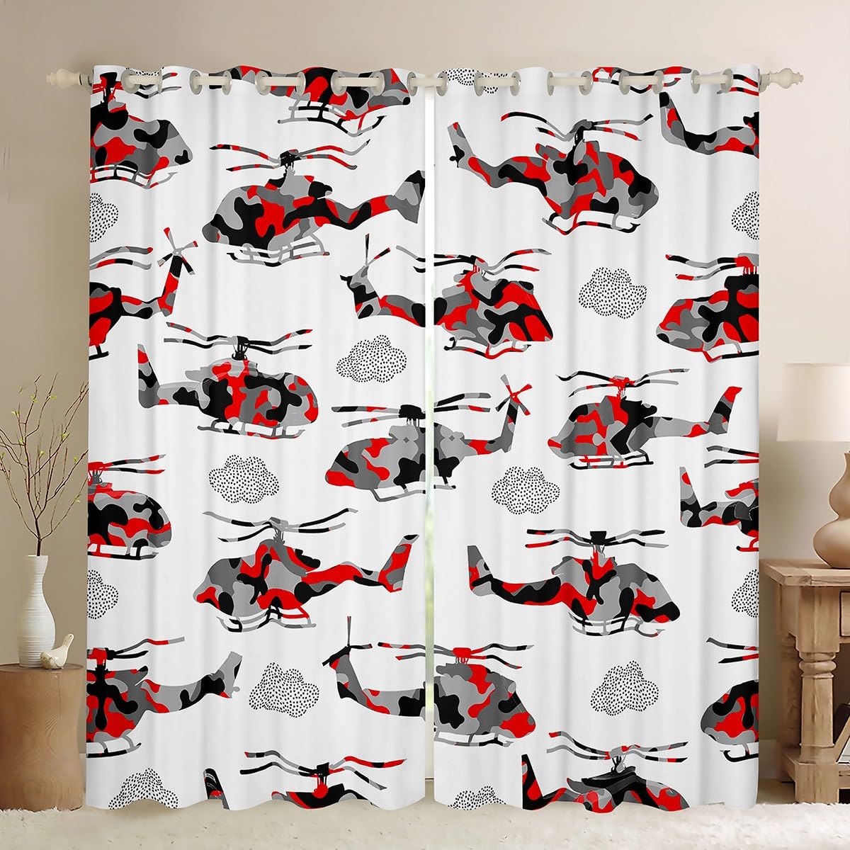 Feelyou Cartoon Helicopter Curtains Red Grey Camouflage Window Curtains for Bedroom Living Room for Kids Boys Military Lover Window Drapes Flying Airplane Window Treatments 42W X 84L,2 Panels